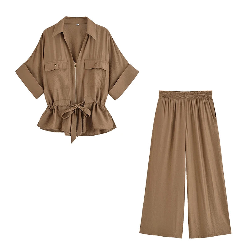 2 Piece Set Solid Front Zipper Shirt & Trouser