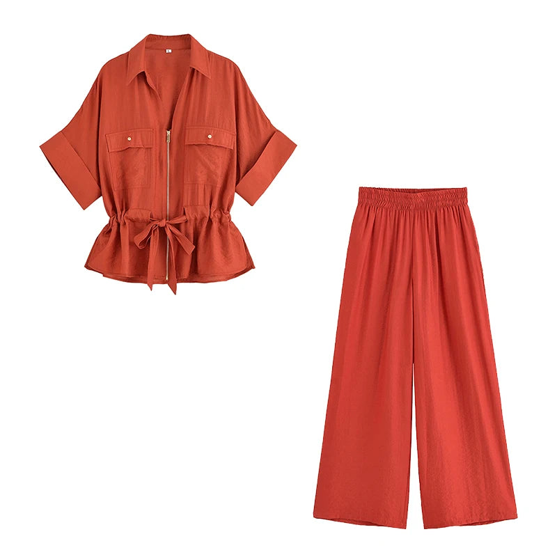 2 Piece Set Solid Front Zipper Shirt & Trouser