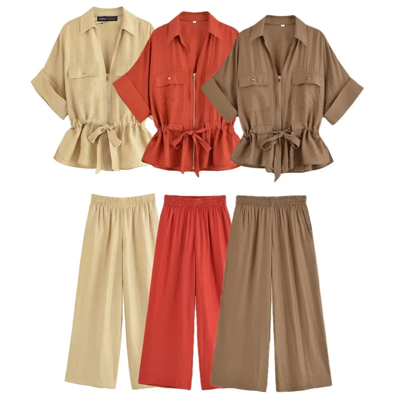 2 Piece Set Solid Front Zipper Shirt & Trouser