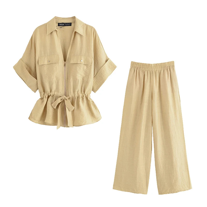 2 Piece Set Solid Front Zipper Shirt & Trouser